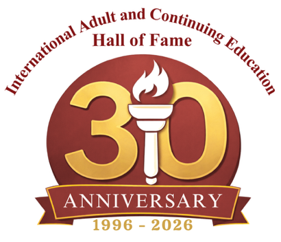 Red emblem with "30" and a torch marking the International Adult and Continuing Education Hall of Fame's 30th Anniversary, 1996-2026