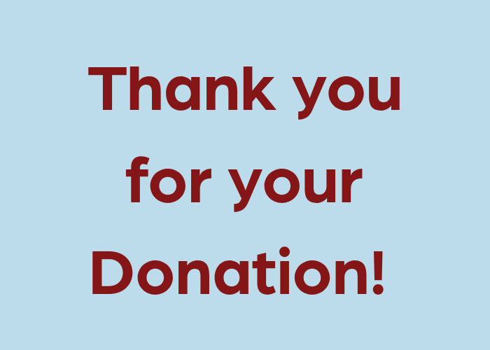 Thank you for your Donation! in crimson red color against a sky blue background
